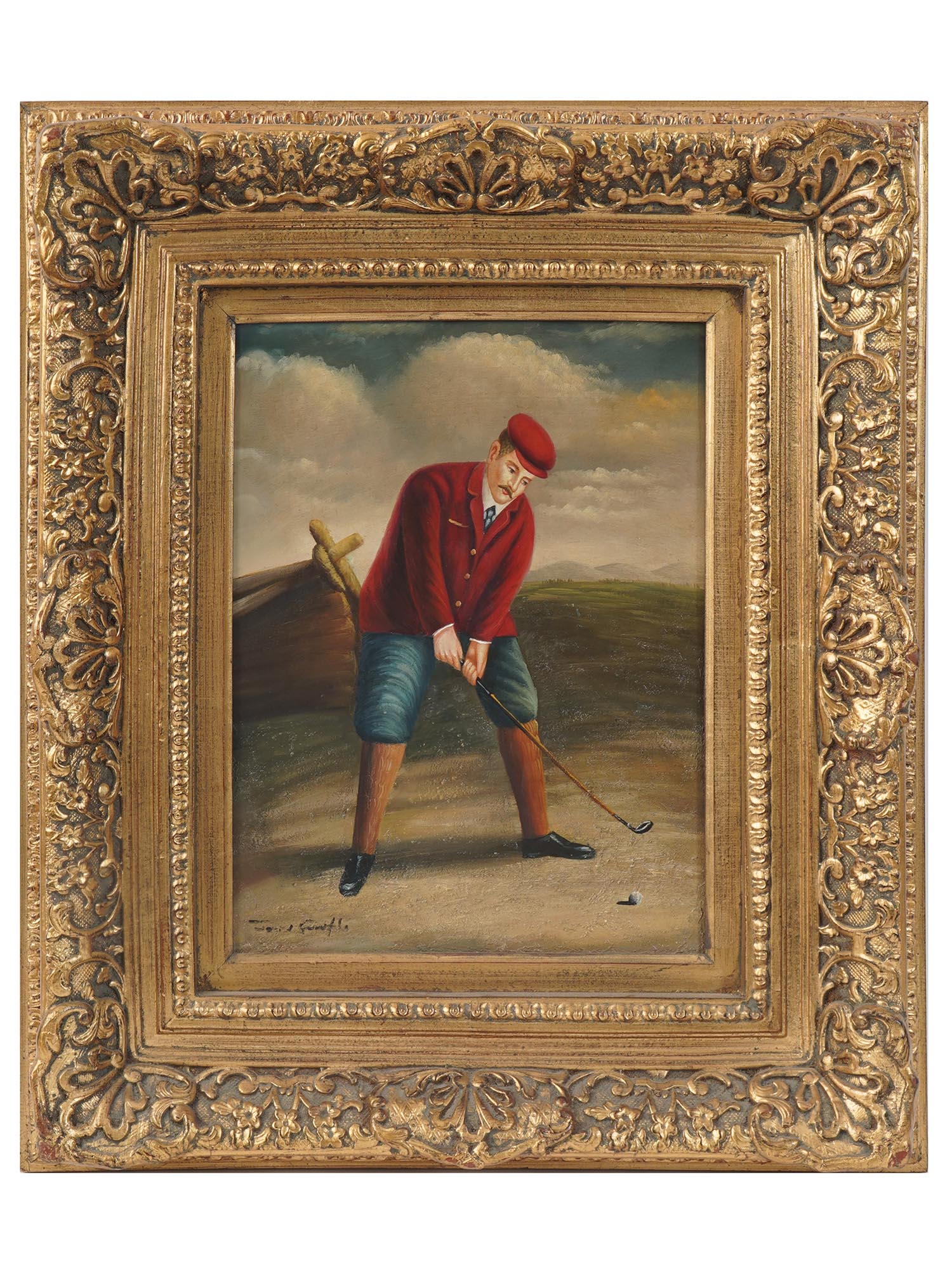 AN ANTIQUE SIGNED OIL PAINTING OF THE GOLFIST PIC-0